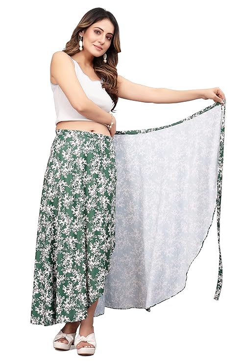 Green Women Western Looks Long Wrap Around Skirt Free Size.